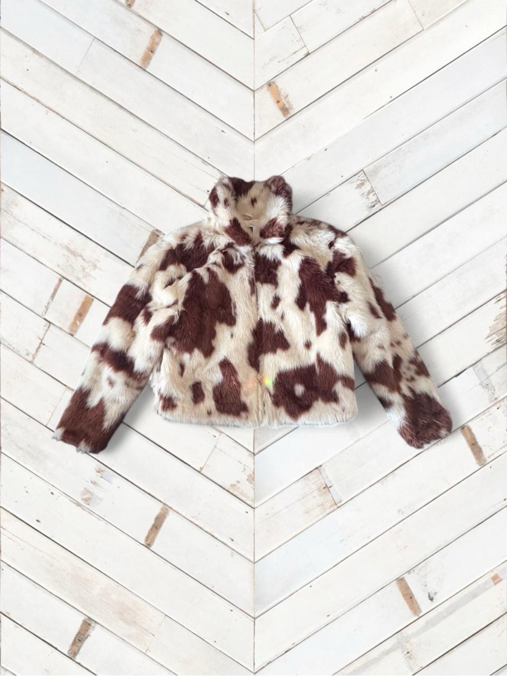 wild fable Faux Fur Cow-Print Puffer Jacket in Brown & Cream
